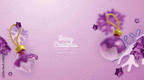 Happy New Year and Merry Christmas. Christmas holiday background with realistic 3d objects, bauble balls, conical metal stars, gift. Levitation falling design composition