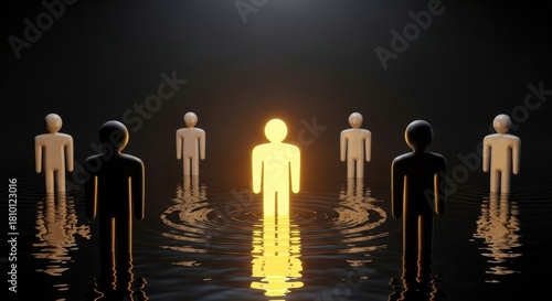 Golden figure radiating light symbolizes leadership among neutral figures standing in water representing ripple effect