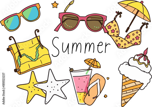 Summer Holiday Symbols: Sunglasses, Ice Cream, and Mountain Camp