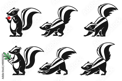 Minimalist cartoon skunk icon set with black and yellow accents
