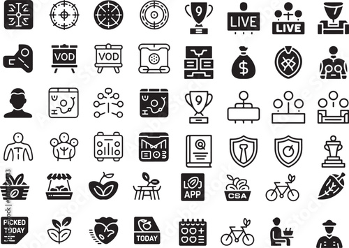 Business strategy icon set. Containing goal achievement, success targets, leadership trophies, live presentation, corporate vision, competitive analysis, winner awards, whiteboard planning and more