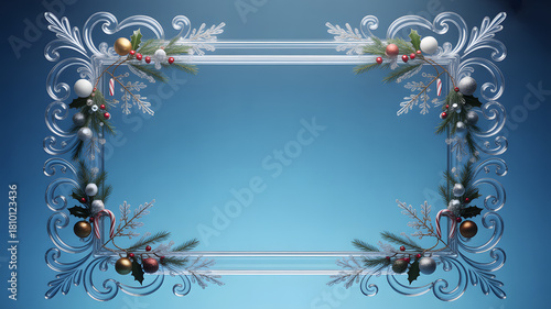 Elegant Christmas frame with ornaments and snowflakes festive border for holiday greetings isolated on blue background