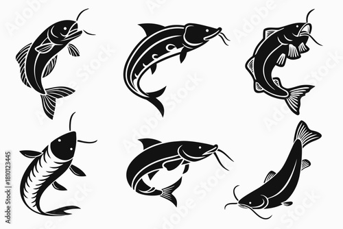 Minimalist catfish icon set with black and yellow accents