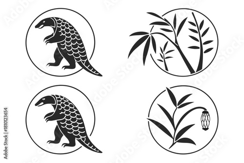 Minimalist chinese pangolin icon set with animal and wildlife themes