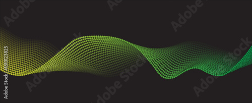 Flowing dots particles wave pattern green and yellow isolated on orange, background gradient. Vector in concept of technology, science, music, vector
