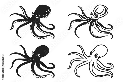 Set of 8 minimalist octopus icons in black and vibrant colors
