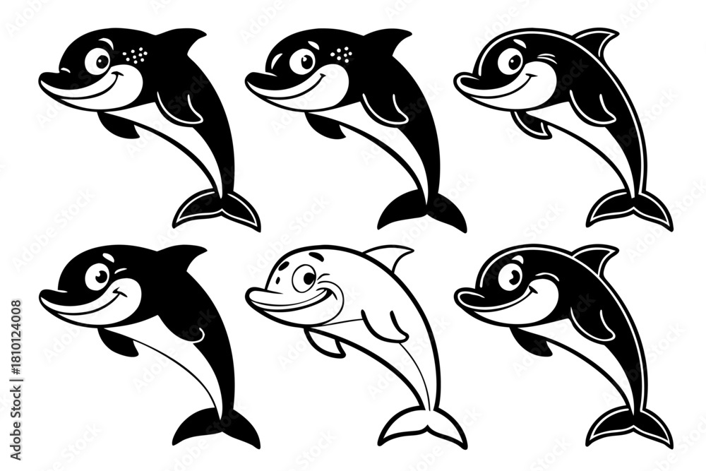 Fototapeta premium Minimalist smiling dolphin icon set in black yellow cyan and magenta