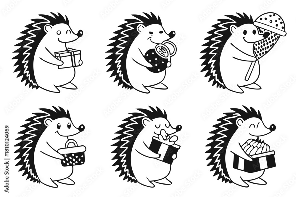 Naklejka premium Cute cartoon hedgehog hugging icon set