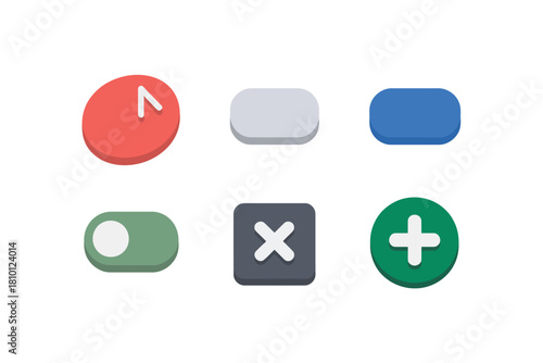 Detailed flat vector icon set for interface buttons, featuring toggle switch, timer, add, and delete symbols.