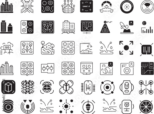 Smart city icon set. Containing urban infrastructure, 5G networks, connected buildings, drone technology, IoT sensors, futuristic architecture, digital transportation, wireless systems and more