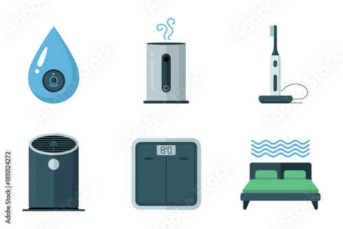 Flat vector icons illustrate smart health monitoring, featuring weight scale, bed, and water sensor symbols.