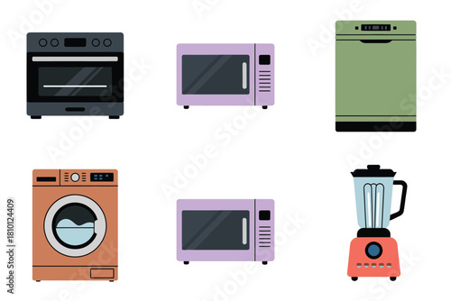 Flat vector icon set for household kitchen appliances, featuring oven, microwave, blender, and washing machine.
