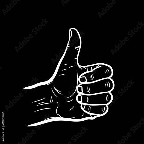White thumbs up hand gesture illustration on a black background representing approval and positivity