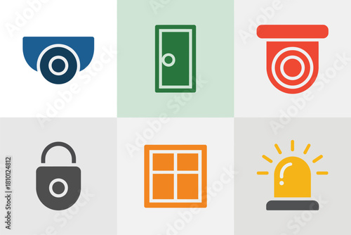 Home security icons set, cctv camera, door access, surveillance dome, padlock symbol, window sensor, alarm siren