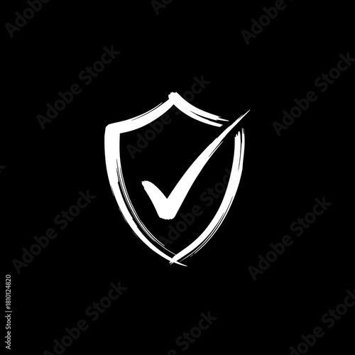 White shield with checkmark illustration on a black background symbolizing security and validation
