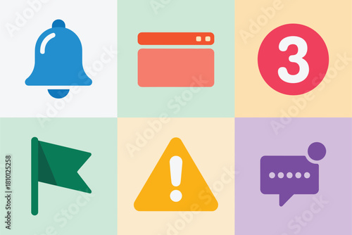 Dashboard notification kit, bell reminder, browser window, number badge, green flag marker, warning triangle, chat bubble vector