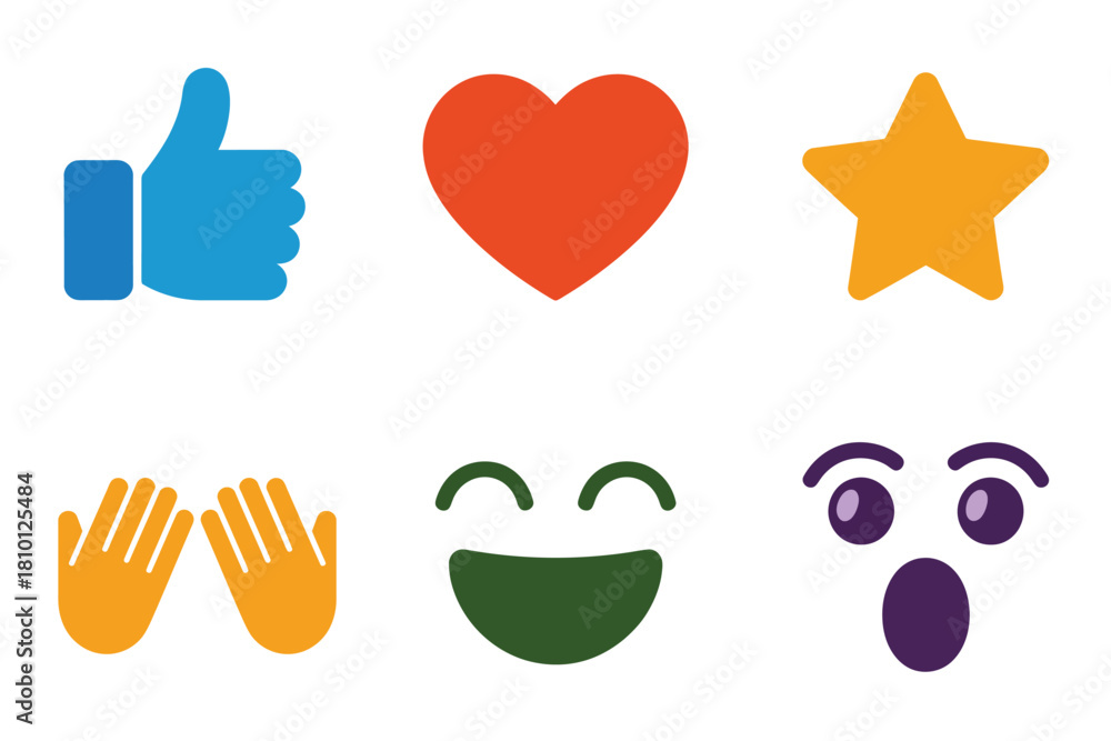 Obraz premium Reaction emoji collection, thumbs up, big heart, gold star, clapping hands, smiling face, shocked eyes, playful social vector