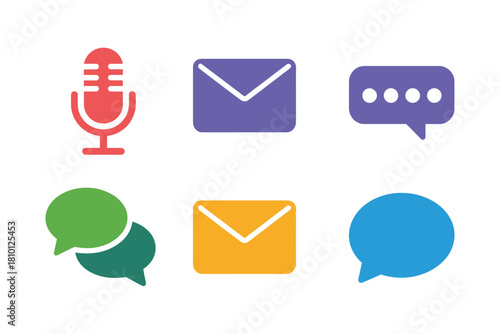 Podcast and message set, microphone icon, purple chat, mail envelope, green bubble, conversation symbols, modern vector pack
