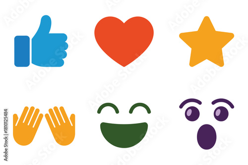 Reaction emoji collection, thumbs up, big heart, gold star, clapping hands, smiling face, shocked eyes, playful social vector