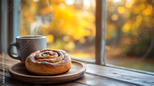 Warm cinnamon roll and steaming coffee on a wooden table by a window with soft autumn colors creating a cozy and inviting morning atmosphere