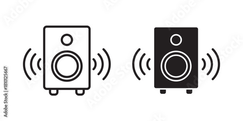 Speaker Box Icon. Silhouette of speaker box symbol, sound box, music instrument design for app, logo, web. Vector illustration with stroke and fill on a white background.