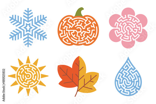 Seasonal puzzle icon set, frosty snowflakes, pumpkin maze pattern, tangled brain spiral, sunny symbol, maple leaf, raindrop vector