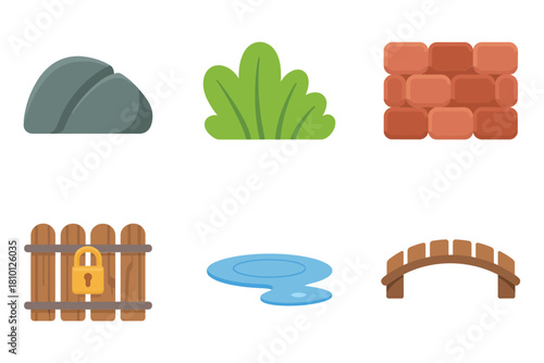 Outdoor scene elements, smooth stone, bushy plant, brick wall, wooden gate with lock, small pond, curved bridge, vector