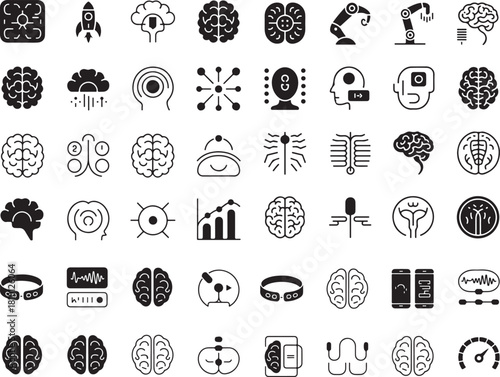 Artificial intelligence icon set. Containing neuroscience brains, neural networks, robotic arms, machine learning, cybernetic minds, smart processing, data innovation, circuit boards and more