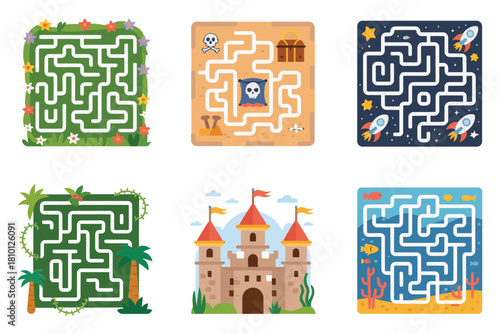 Square labyrinth collection, leafy hedge maze, castle entrance targets, varied routes and dead ends, family activity vector