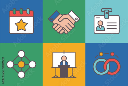 Business dashboard tiles, star calendar, handshake badge, teamwork nodes, podium presentation, interlinked rings, office management, flat vector illustration