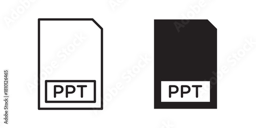 File PPT icon.  Icon Collection, a paper with a "PPT" label in outline and glyph styles. Represents presentations or documents. Vector illustration with stroke and fill on a white background.