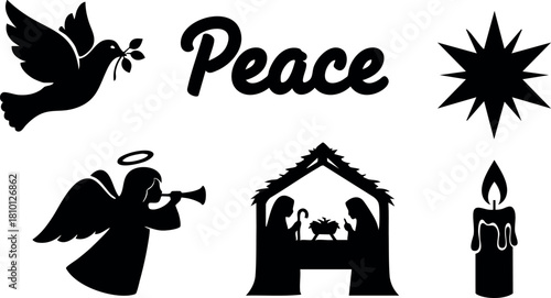 Peace dove angel nativity scene candle religious Christmas vector illustration