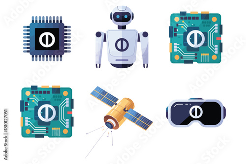 Advanced robotics and electronics set, processor chip, service robot, embedded board, orbiting satellite, vr goggles, futuristic technology vector