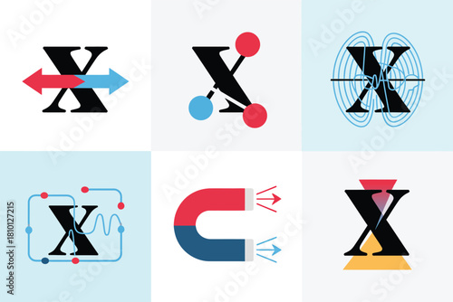 Mathematics and science icons set, algebra variables, hourglass forms, atomic model, magnet force, graph board, academic toolkit