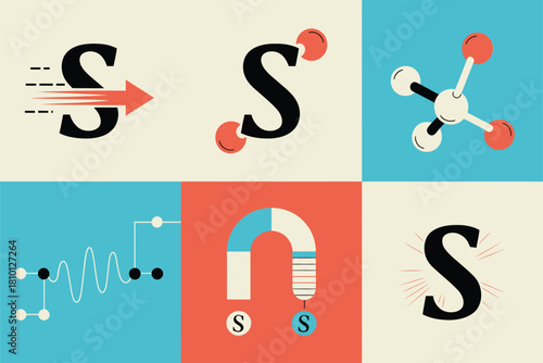 S letter concept grid, speed motion monogram, waveform graphic, horseshoe magnet, atomic network, modern experimental branding set