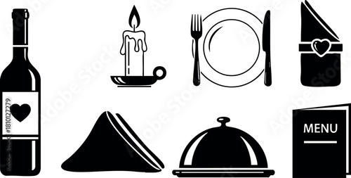 Restaurant dinner set with wine candle plate cutlery napkin menu vector icons design