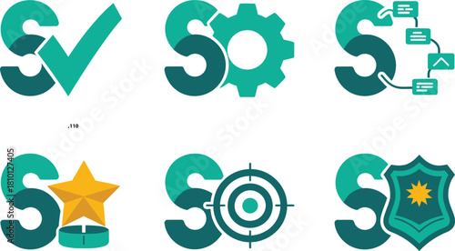 Letter S branding icons pattern, check mark emblem, gear symbol, target sight, star badge, shield crest, vector