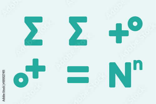 Math formula symbols set, sigma signs collection, degree mark, plus equals, power notation with N, education vector