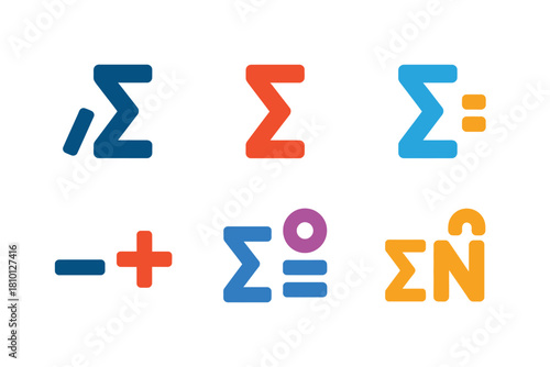 Colorful math operators pack, summation icons, plus minus marks, division and equality signs, playful learning graphics, vector