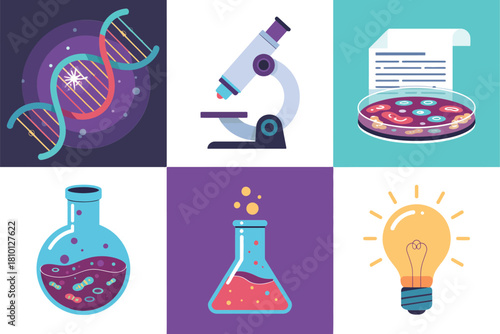 Science research icons grid, DNA strand, microscope, petri dish, bubbling flask bottles, chemistry experiment symbols, education vector
