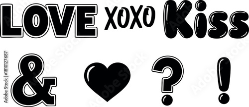 Love kiss xoxo symbols heart question exclamation marks black white vector illustration