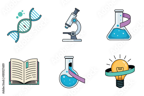 Laboratory and biology icons, dna helix, microscope tool, chemistry flask, open book, idea bulb, academic vector set