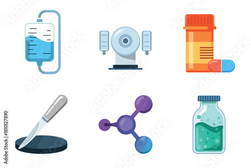 Medical equipment icons, infusion bag, diagnostic scanner, pill bottle, surgical scalpel, molecule structure, vaccine vial, hospital laboratory vector