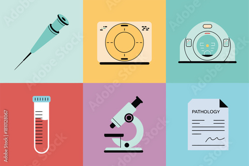 Laboratory equipment tiles, pipette instrument, calibration gauge, imaging scanner console, test tube, microscope, clinical analysis document