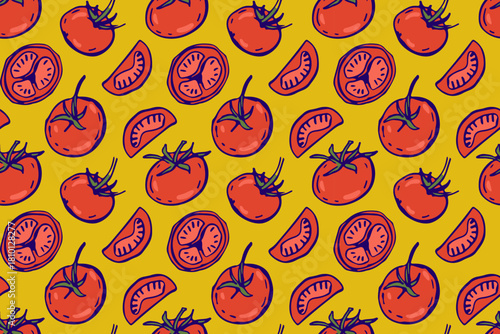 Seamless pattern with red tomato. Fresh farm vegetables. Ingredients for cooking, whole, chopped vegetables, hand drawn doodle sketch for Mediterranean diet wallpaper, wrapping paper. Repeated print
