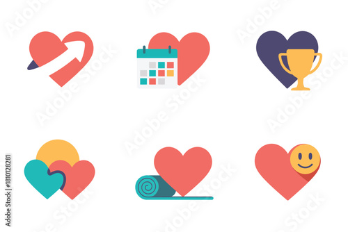 Healthy lifestyle icon collection, heart symbol, calendar planning, trophy success, yoga mat, smiling wellness face reminder, habit tracker