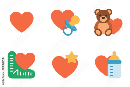 Child health icons set, hearts, teddy bear, pacifier, measuring calipers, star reward, baby bottle, supportive care, maternity vector