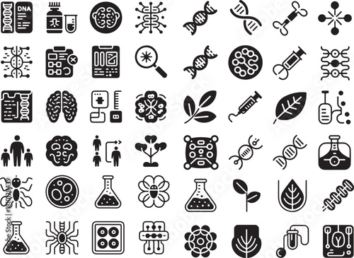 Genetic research icon set. Containing dna helix, chromosome structures, biology experiments, medical test tubes, molecular science, cloning, laboratory analysis, genome code and more