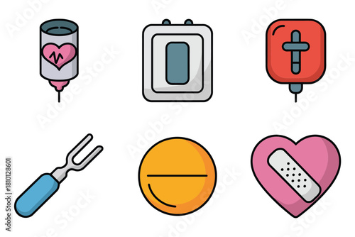 Healthcare icons set, IV drip bag, blood donation pouch, medical dropper, pill tablet, bandaged heart symbol vector