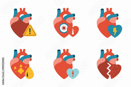 Anatomical heart health icons set, hazard, snowflake cold therapy, lightning bolt stress, fever thermometer, stitched tear, medical vector